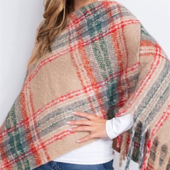 PLAID PRINT FRINGE SWEATER SHAWL PONCHO - Picture 3 of 7